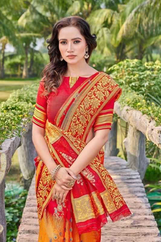 Red Wevon Thread Designer Silk Cotton Saree
