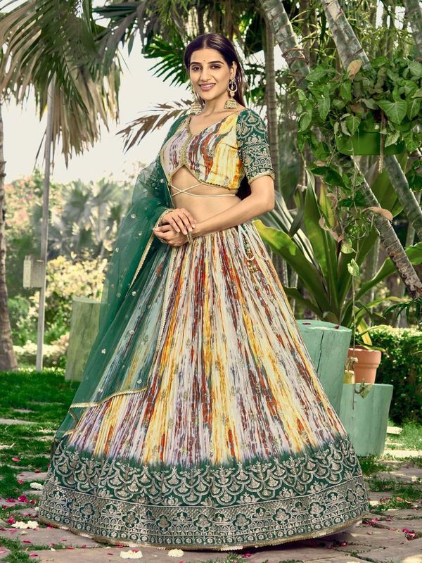 Green Women's Chinon Embroidery Lehenga Choli