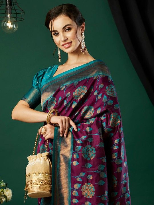 Wine Banarasi Silk Woven Saree With Tassels on Pallu and Stitched Teal Blouse