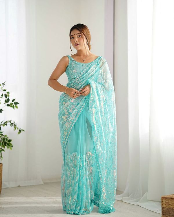 Sky Blue Heavy Sequance Embroidery Work Mono Net Saree