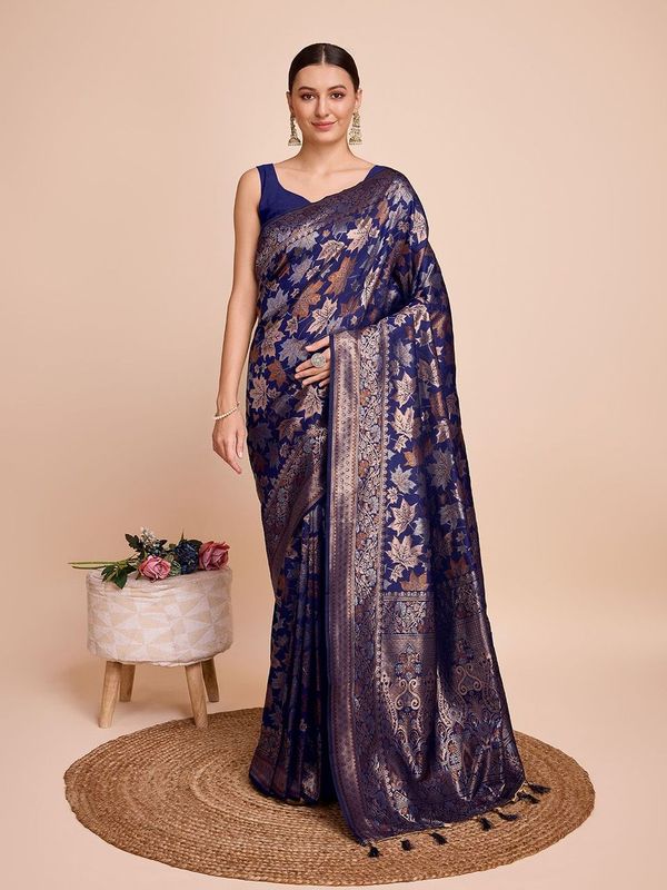 Nevy Blue Weaving Copper Jari Designer Handloom Silk Saree
