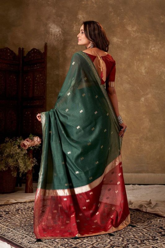 Green Cotton Woven Saree With Tassels on Pallu and Stitched Red Blouse