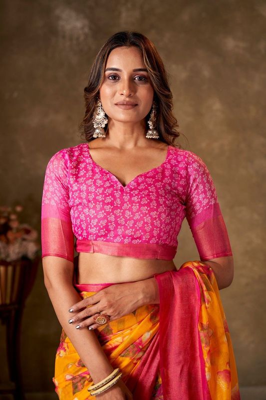 Mustard Cotton Printed Saree and Stitched Pink Blouse