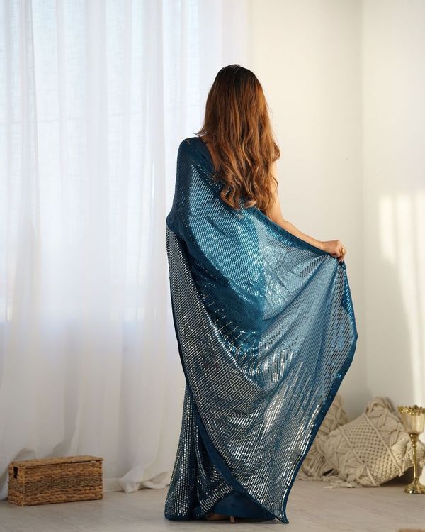 Petrol Designer Sequance Embroidery Work Georgette Saree