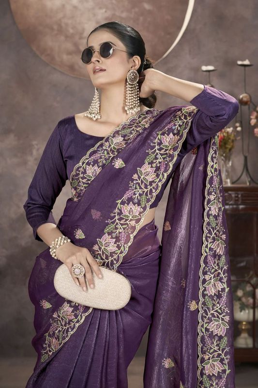 Purple Multy Thread & Sequance Embroidery Cut Work Gold Crunchy Saree