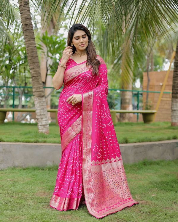 Pink Wevon Designer & Hand Bandhej Dola Silk Saree