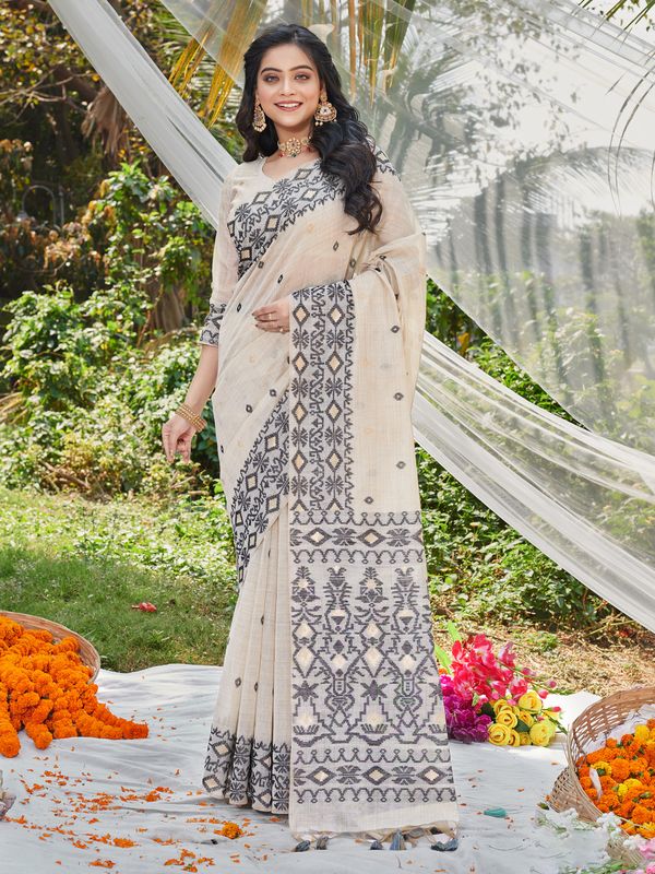 Black Wevon Designer & Printed Cotton Saree