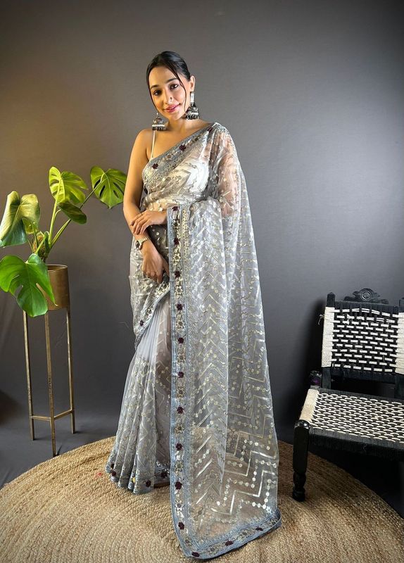 Grey Foil Thread Embroidery & Stone Work Butterfly Net Saree