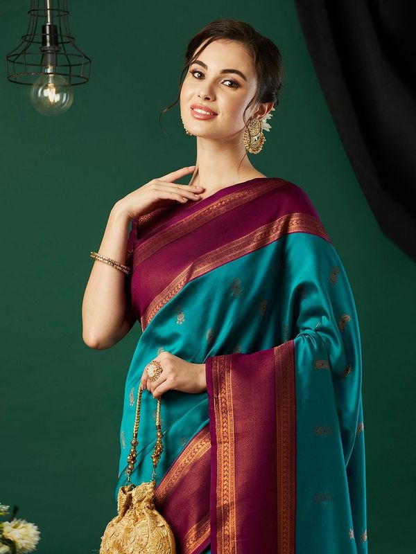 Aqua Blue Wevon Jari Designer Banarasi Silk Saree