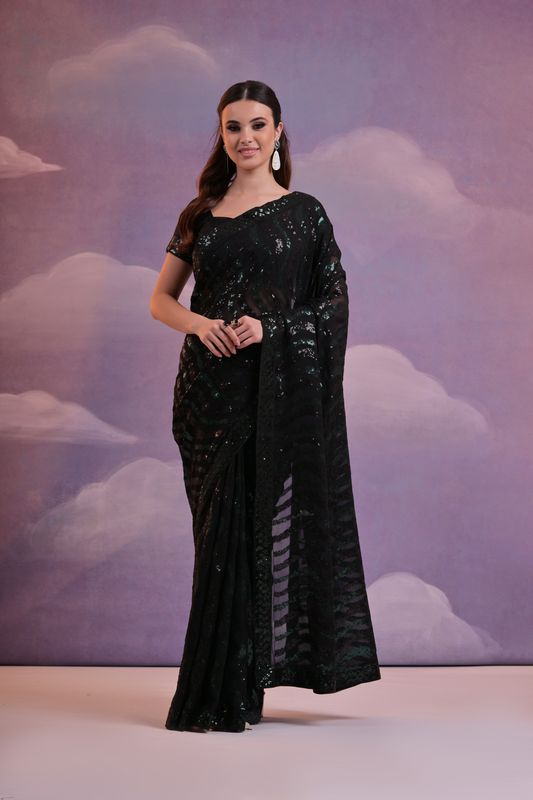 Black Laheriya Style Sequance Embroidery Work Georgette Saree