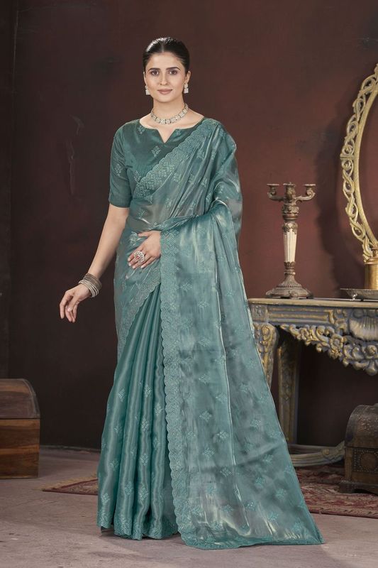 Teal Sequance & Thread Embroidery Work Jimmy Choo Saree