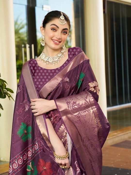 Wine Crepe Printed Saree and Stitched Wine Blouse