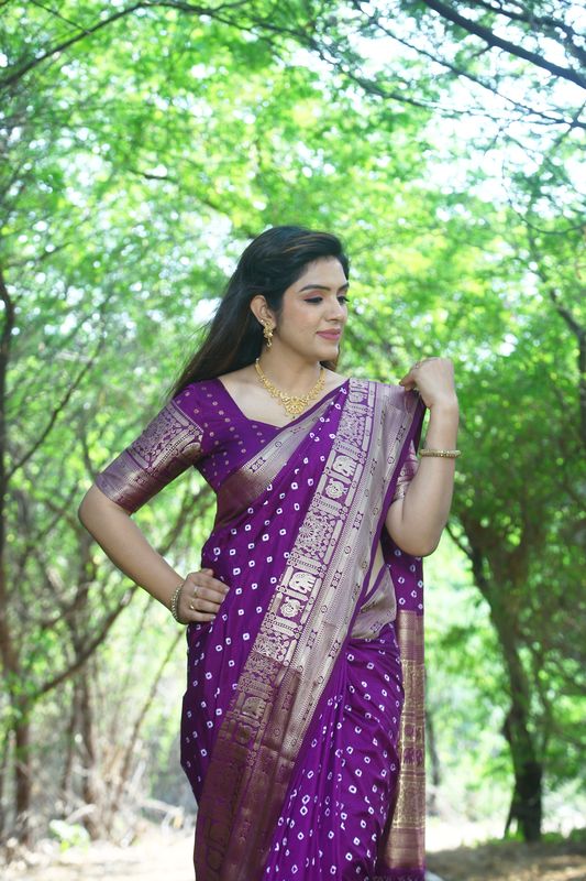Purple Wevon Jari Heavy Designer & Bandhej Work Kanjivaram Silk Saree