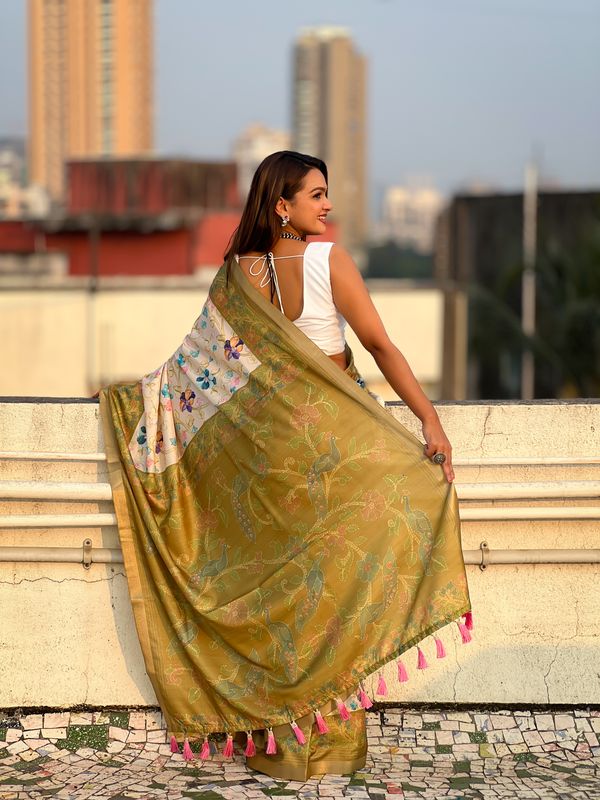 Green Wevon Jari Designer & Kalamkari Printed Tussar Silk Saree