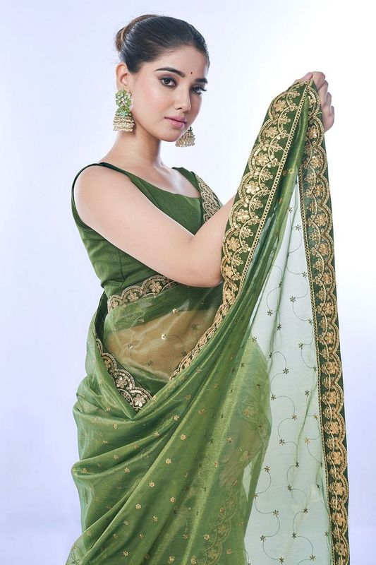 Green Color Golden Net Partywear Sequins Embroidery Work Ethnic Saree