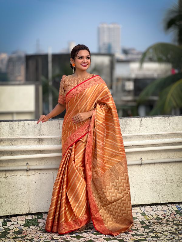 Orange Wevon Laheriya Designer Jari Tissue Saree