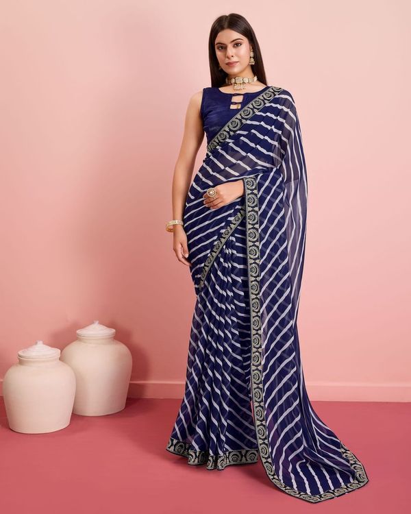 Blue Laheriya Printed & Embroidery Work Lace Border Georgette Saree