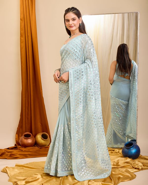 Sky Blue Designer Sequance Embroidery Work Georgette Saree