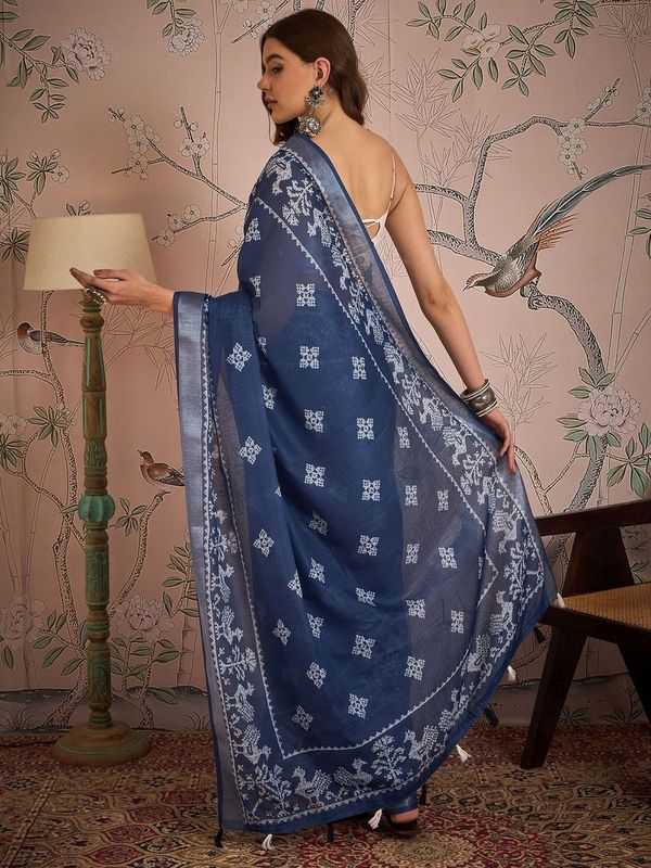 Navy Blue Color Digital Printed Designer Linen Fabric Graceful Saree