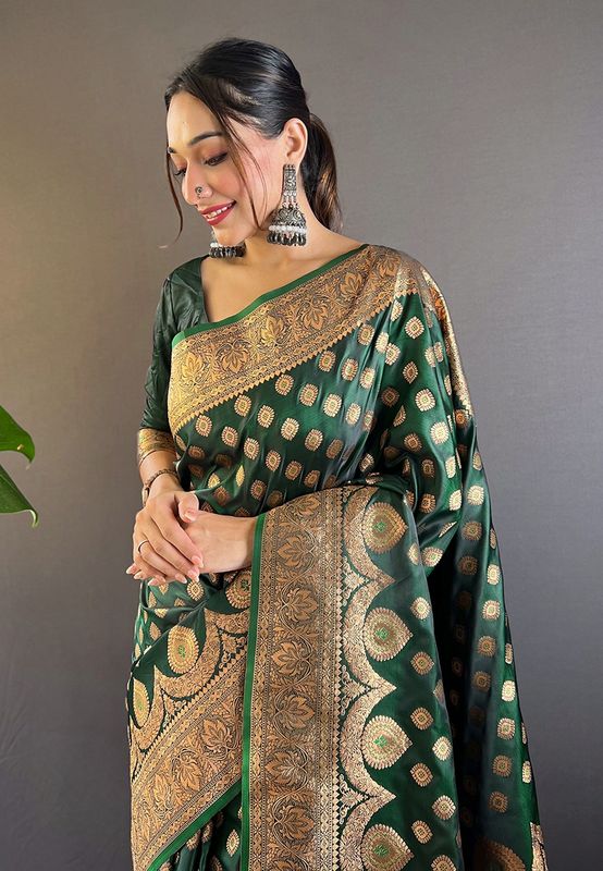 Green Banarasi Satin Silk Weaving Jari Designer Ethnic Graceful Saree