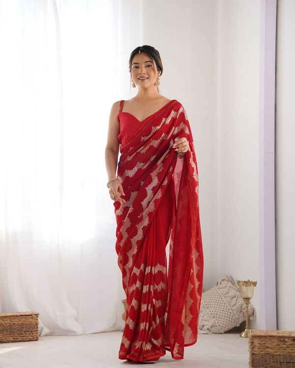 Red Sequance Embroidery Work Border Georgette Saree