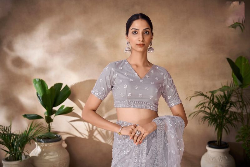 Grey Thread & Sequance Embroidery & Zarkan Work Net Saree
