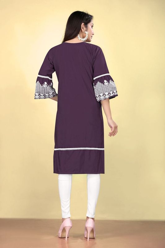 Purple Cotton Fabric Thread Embroidery Work Kurti For Formal Looks