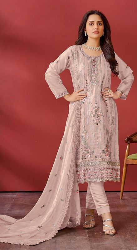 Beige Color Organza Fabric Designer Embroidery Work Pakistani Style Salwar Kameez