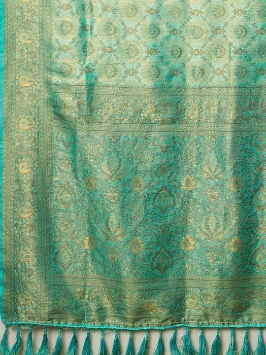 Aqua Kanjeevaram Woven Saree With Tassels on Pallu and Stitched Aqua Blouse