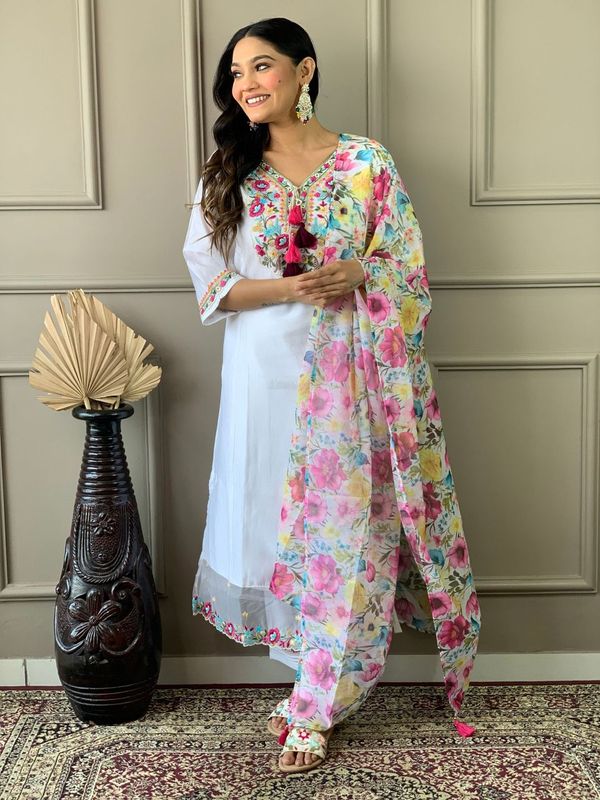 White Chanderi Silk Straight Kurta