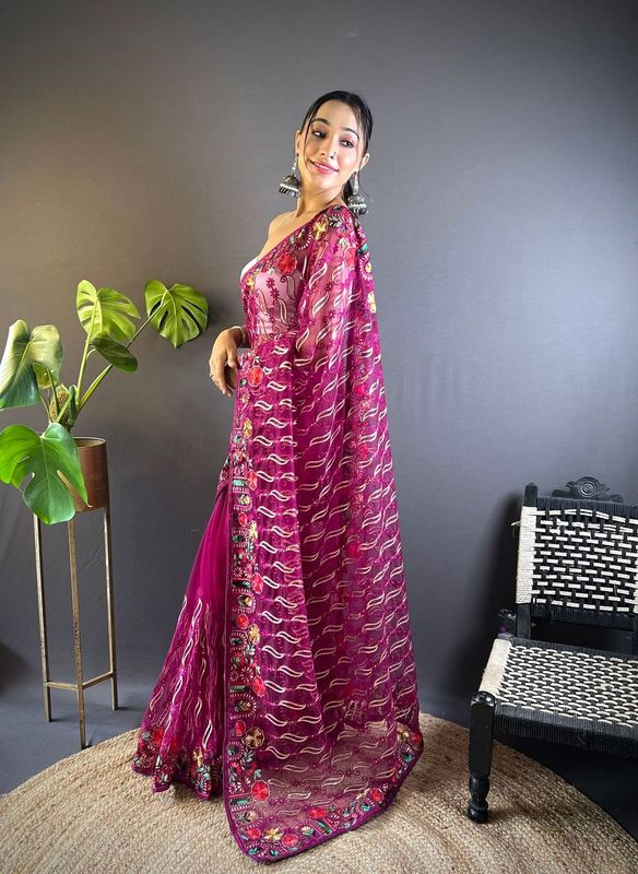 Magenta Multy Thread Embroidery Work Butterfly Net Saree