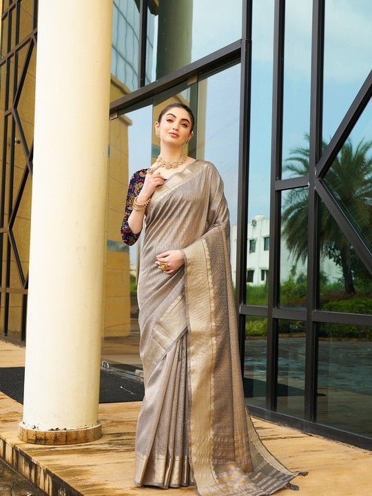 Brown Khadi Striped Saree and Stitched Multi Blouse