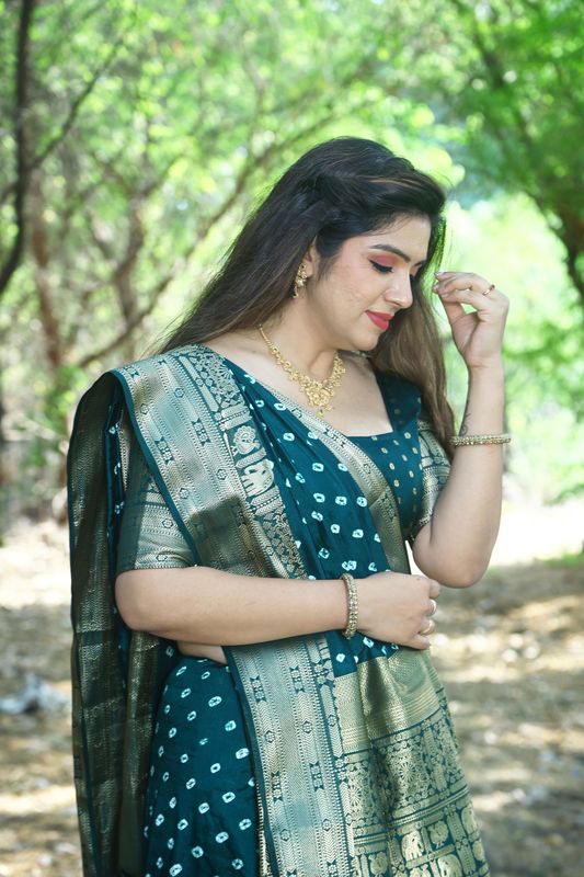 Green Wevon Jari Heavy Designer & Bandhej Work Kanjivaram Silk Saree