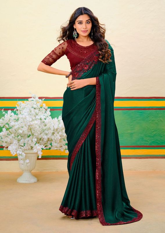 Dark Green Wevon Designer & Embroidery Work Georgette Jari Saree