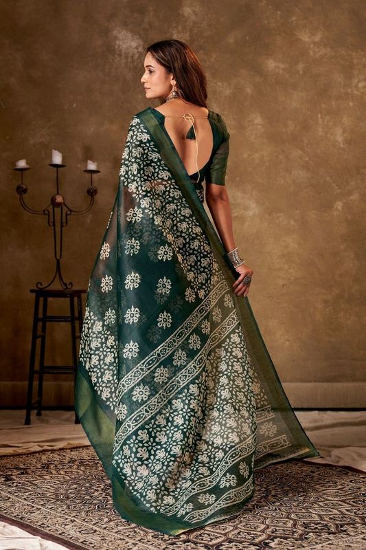 Dark Green Cotton Printed Saree and Stitched Dark Green Blouse