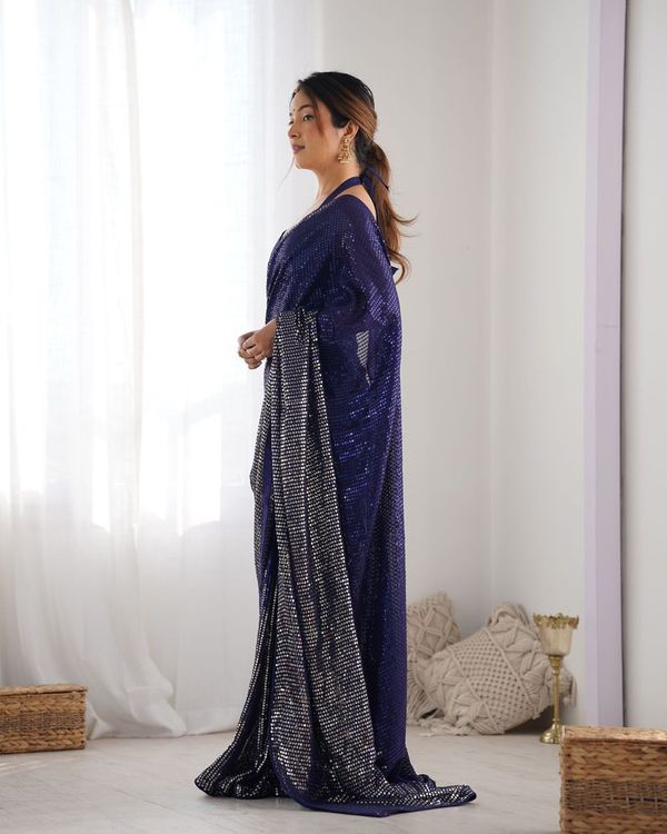 Blue Designer Sequance Embroidery Work Georgette Saree