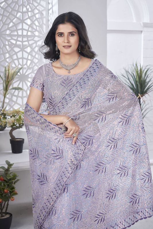 Lavender Multy Thread & Sequance Embroidery Cut Work Tissue Net Saree