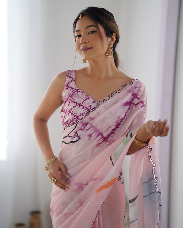 Pink Color Beautiful Chinon fabric Digital Printed Saree With Mirror Cut Work