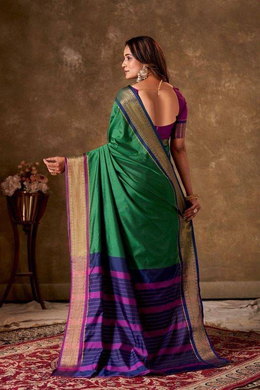 Dark Green Cotton Striped Saree and Stitched Purple Blouse