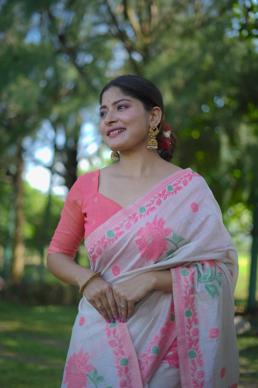 Rich Looks Floral Printed Off White Color Muga Cotton Saree For Sophisticated Looks