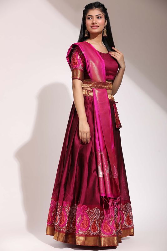 Maroon Lichi Silk Jacquard Work Lehenga