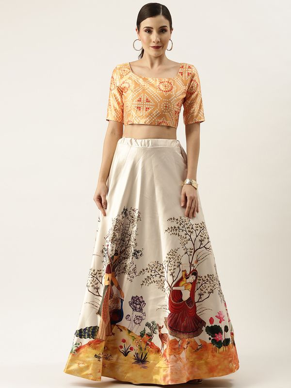 Digital Print Satin Silk Fabric Stitched Lehenga Choli With Jequared Blouse and Assami Silk Thread Work Dupatta For Women and Girls In Festive Party And Traditional Wear