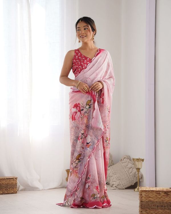 Pink Designer Digital Printed & Mirror Cut Work Chinon Saree
