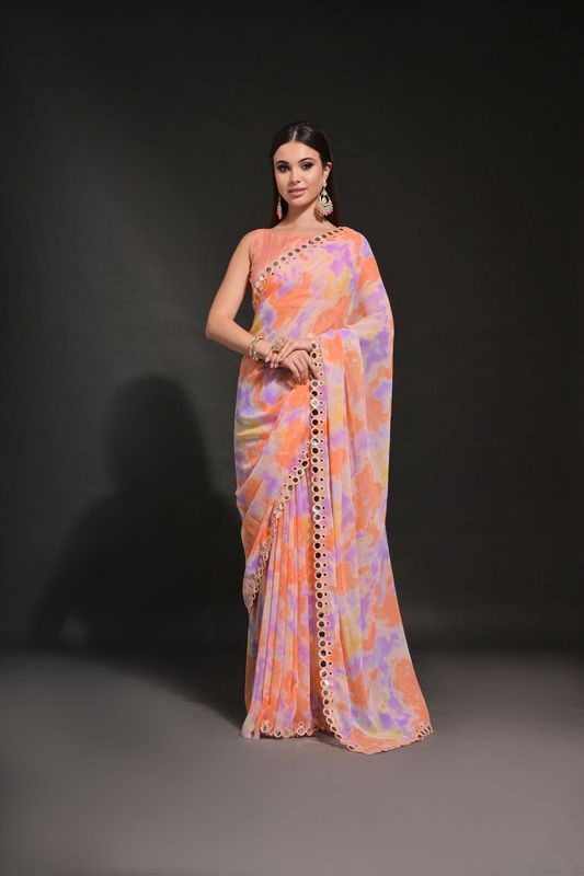 Orange Prizam Printed & Mirror Work Lace Border Georgette Saree