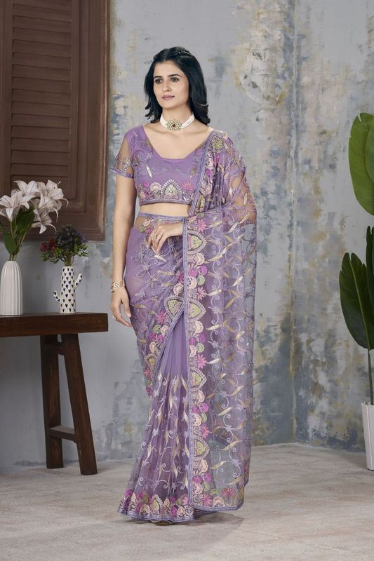 Purple Foil Thread & Aari Dori Embroidery Work Butterfly Net Saree