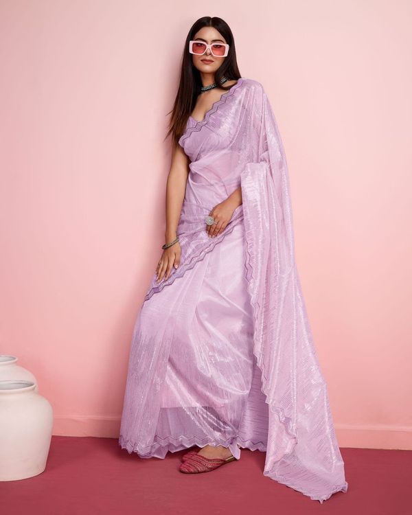 Purple Thread & Sequance Embroidery Work Silver Twill Net Saree