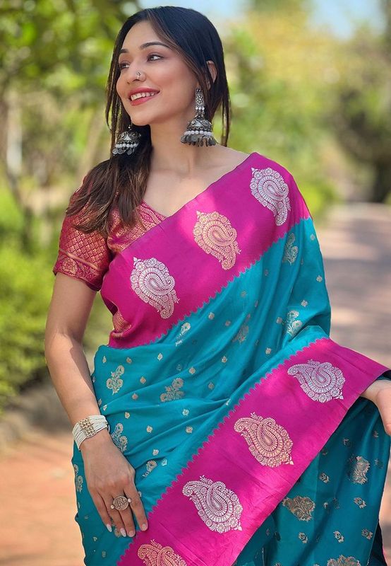 Blue Heavy Wevon Jari Designer Soft Silk Saree