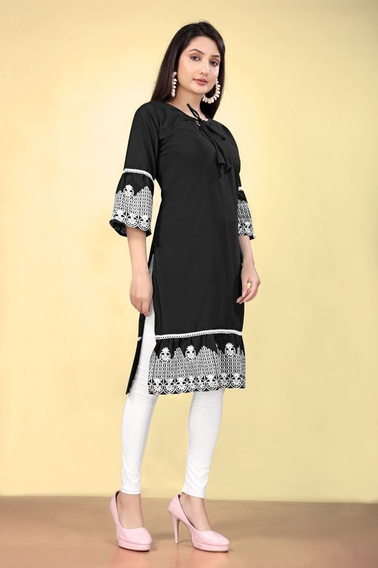 Black Cotton Fabric Thread Embroidery Work Kurti For Formal Looks