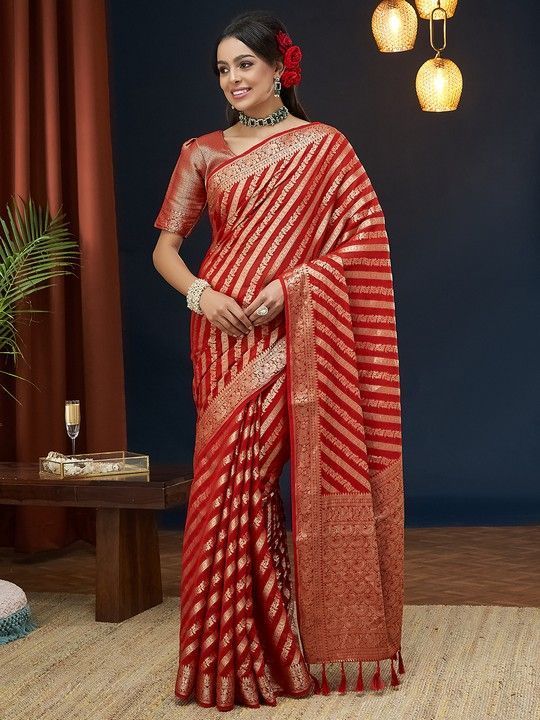 Red Georgette Leheriya Saree With Tassels on Pallu and Stitched Red Blouse