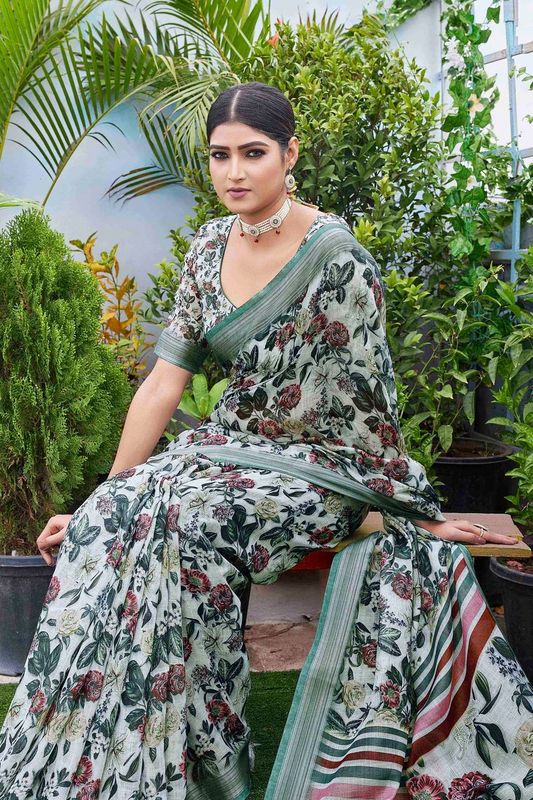 Off White Digital Printed Designer Linen Blend Saree